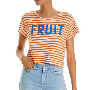 MOTHER The Rowdy Crop Striped Orange White Linen Blend 'Fruit' Tee Size XS